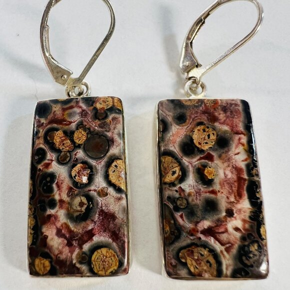 Rectangular LeopardSkin Jasper Dangle Earrings 925 Silver Leverback Southwest - Picture 1 of 6